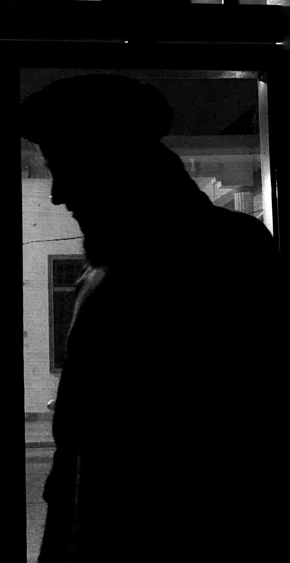 The poet in full silhouette at a screened doorway, profile in shadow.